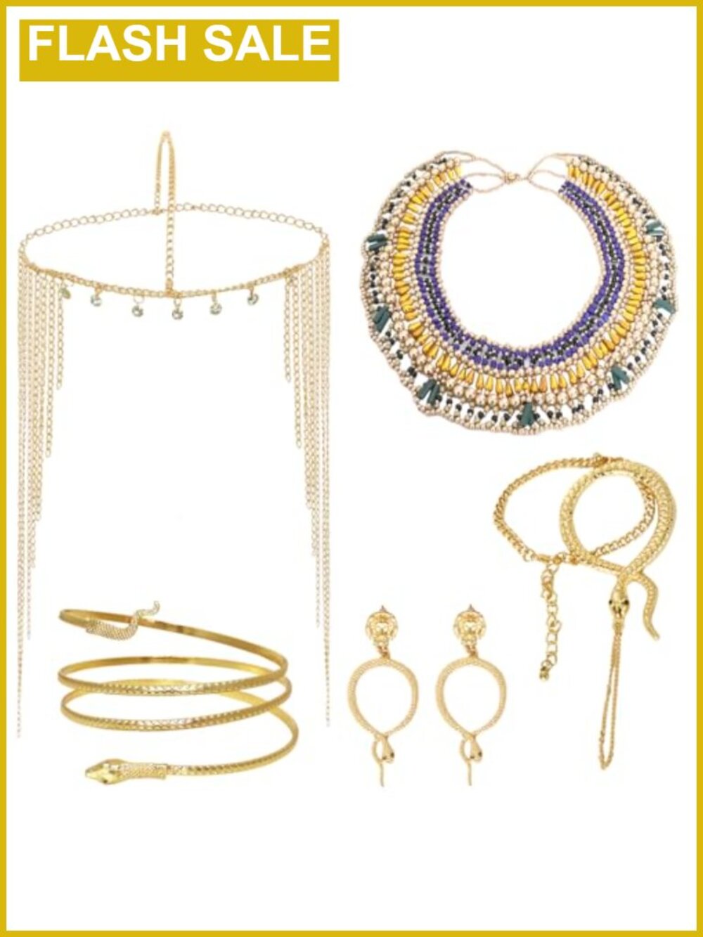 Egyptian Costume Accessories Set 5Pc Tassel Headpiece Snake Arm Cuff Jewelry